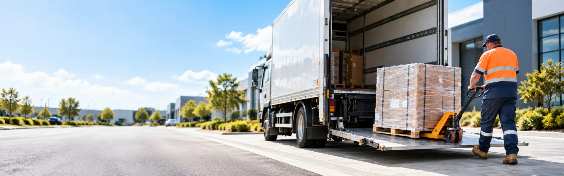 Rigid delivery truck with a lowered tail lift on a commercial street