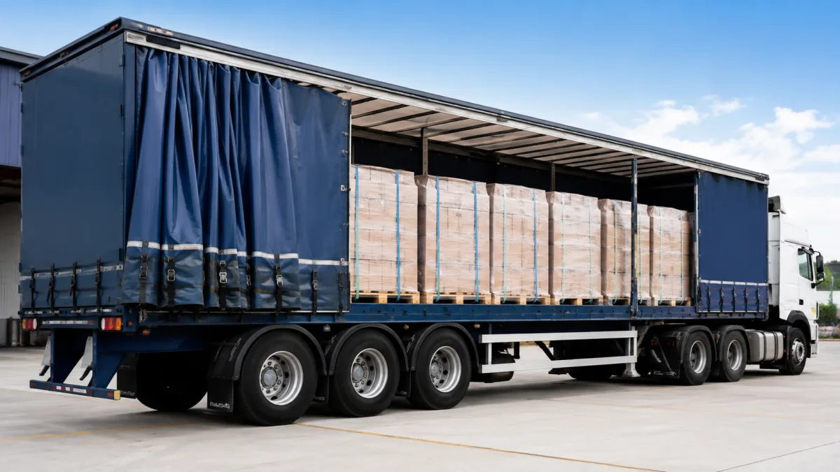 Curtainsider freight trailer with the curtain open showing palletised goods