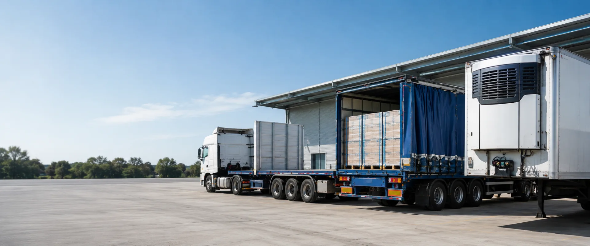 Depot yard showing several types of freight vehicles including curtainsider and flatbed trailers