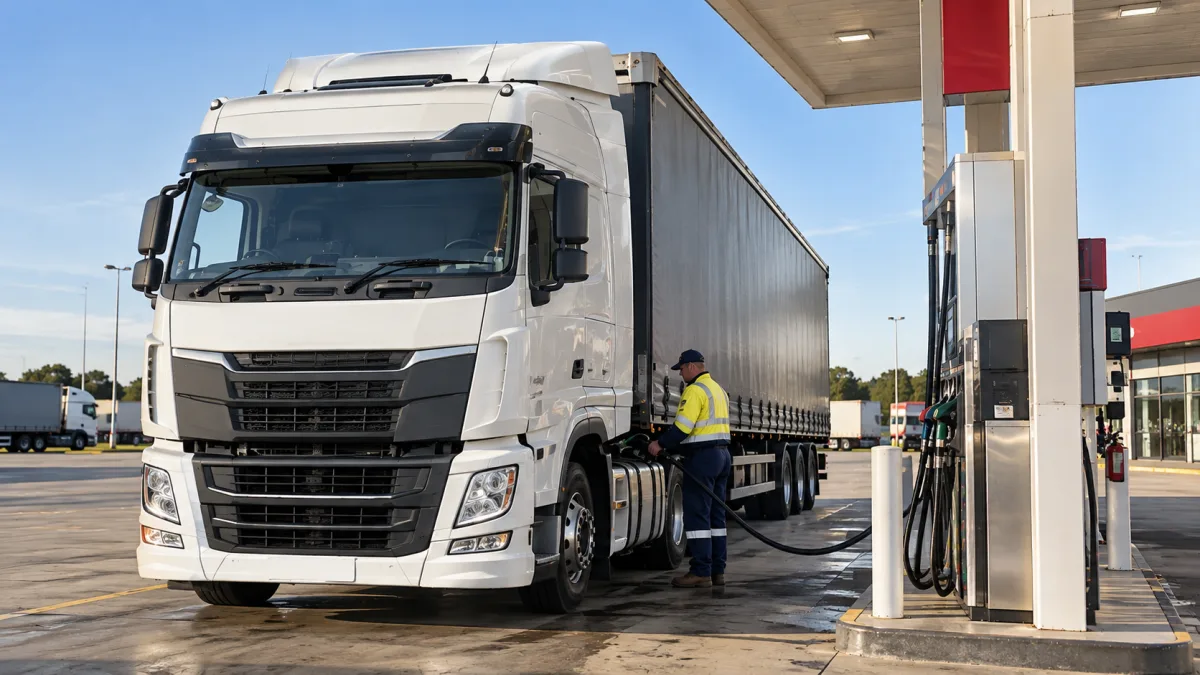 Freight truck refuelling, representing the fuel cost behind freight pricing