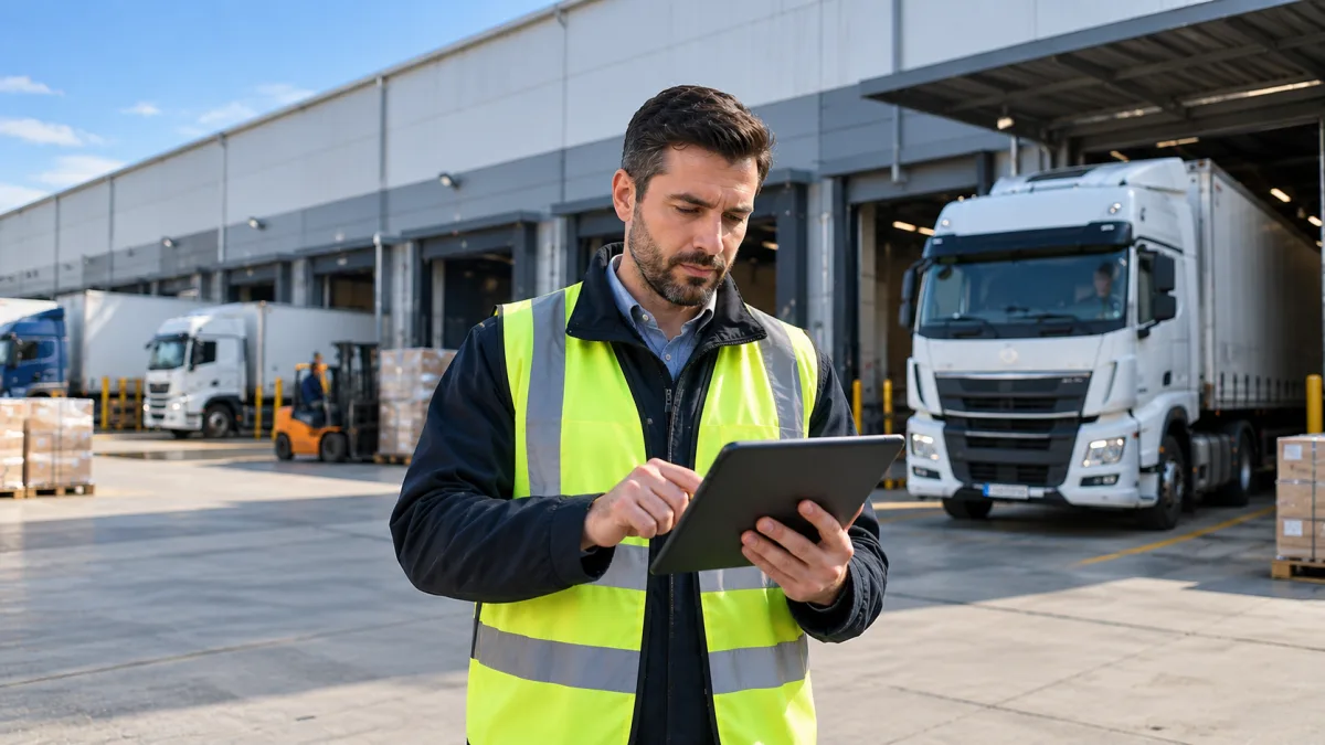 Logistics manager reviewing shipment status in front of a warehouse and loading docks