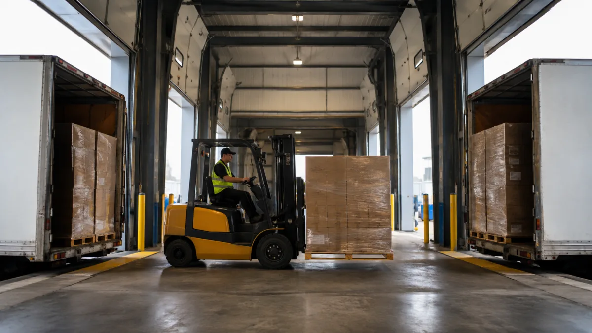 Warehouse worker moving a pallet from an inbound truck directly to an outbound truck at a cross-dock facility