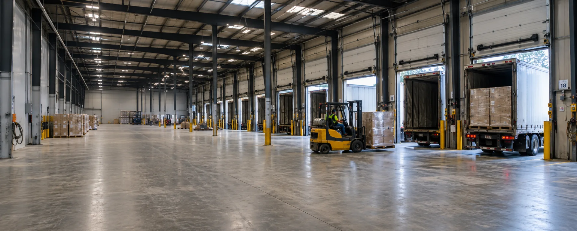 Cross-dock warehouse facility with trucks at loading bays on both sides
