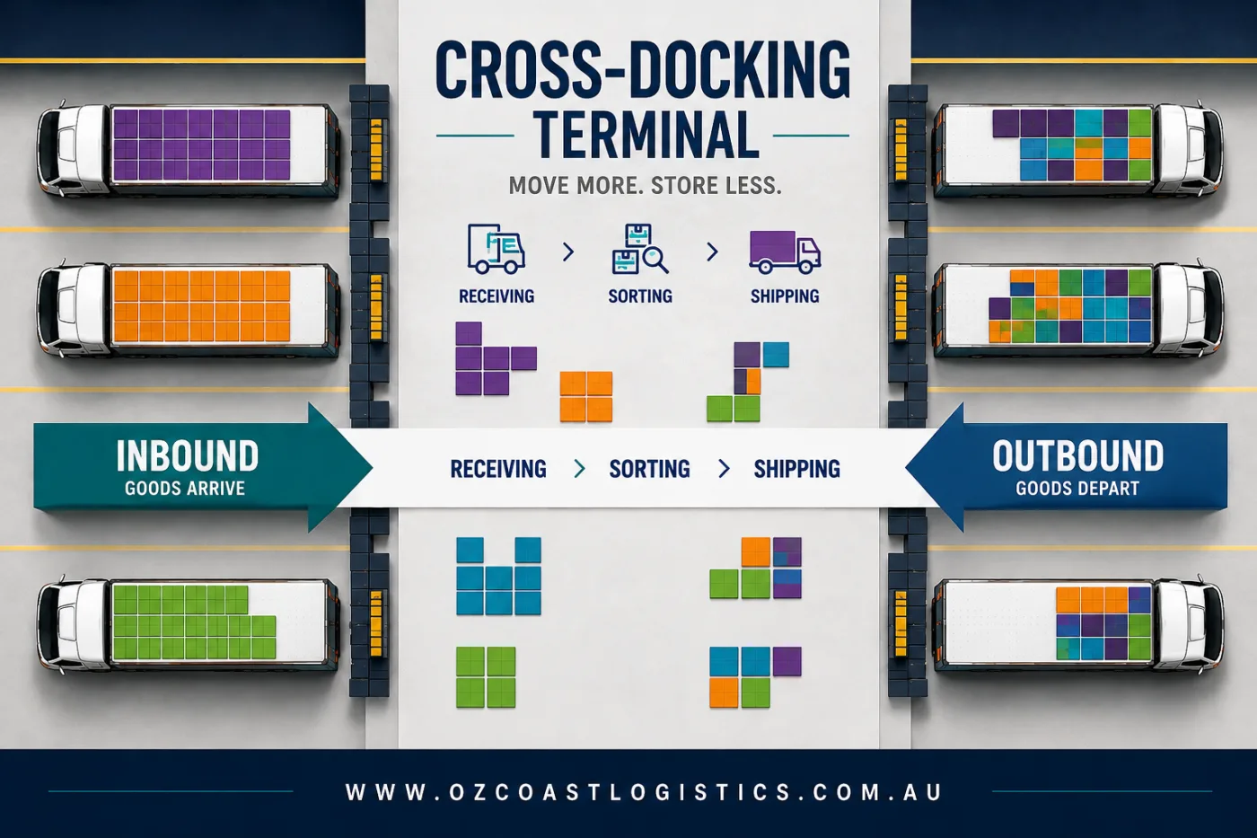 Cross-docking terminal infographic showing inbound trucks, pallet sorting, and outbound freight distribution in an Australian logistics warehouse.