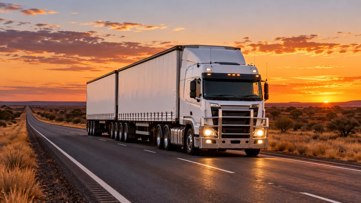 B-double truck running a linehaul leg on a long interstate highway at dusk