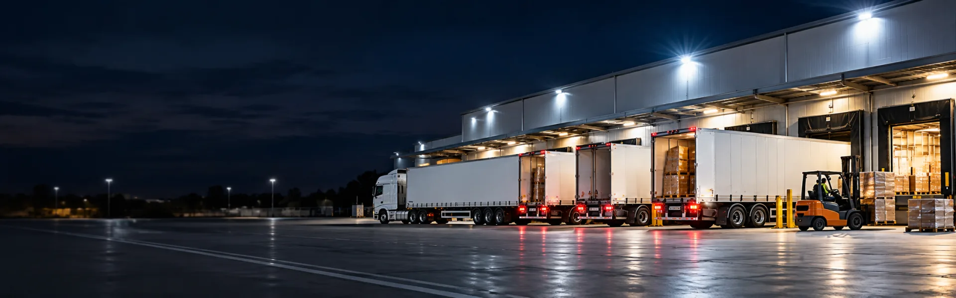Semi-trailers at the loading docks of a freight depot at night, ready for linehaul departures