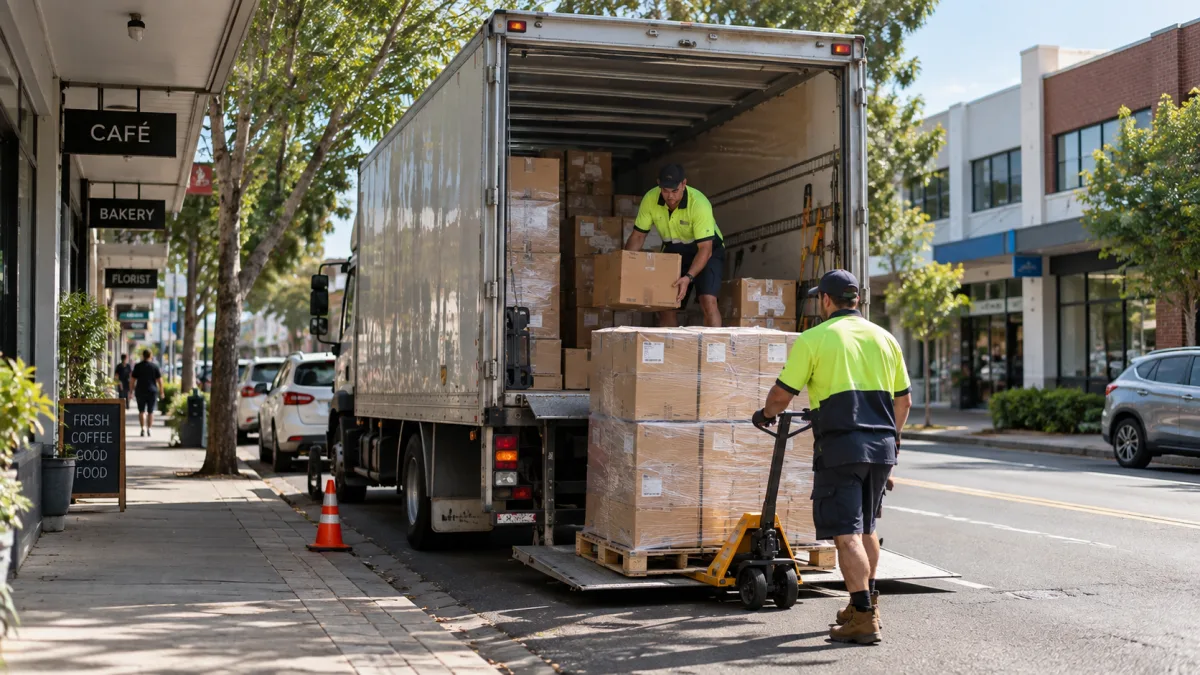 Delivery truck unloading at one stop on a multi-drop delivery route