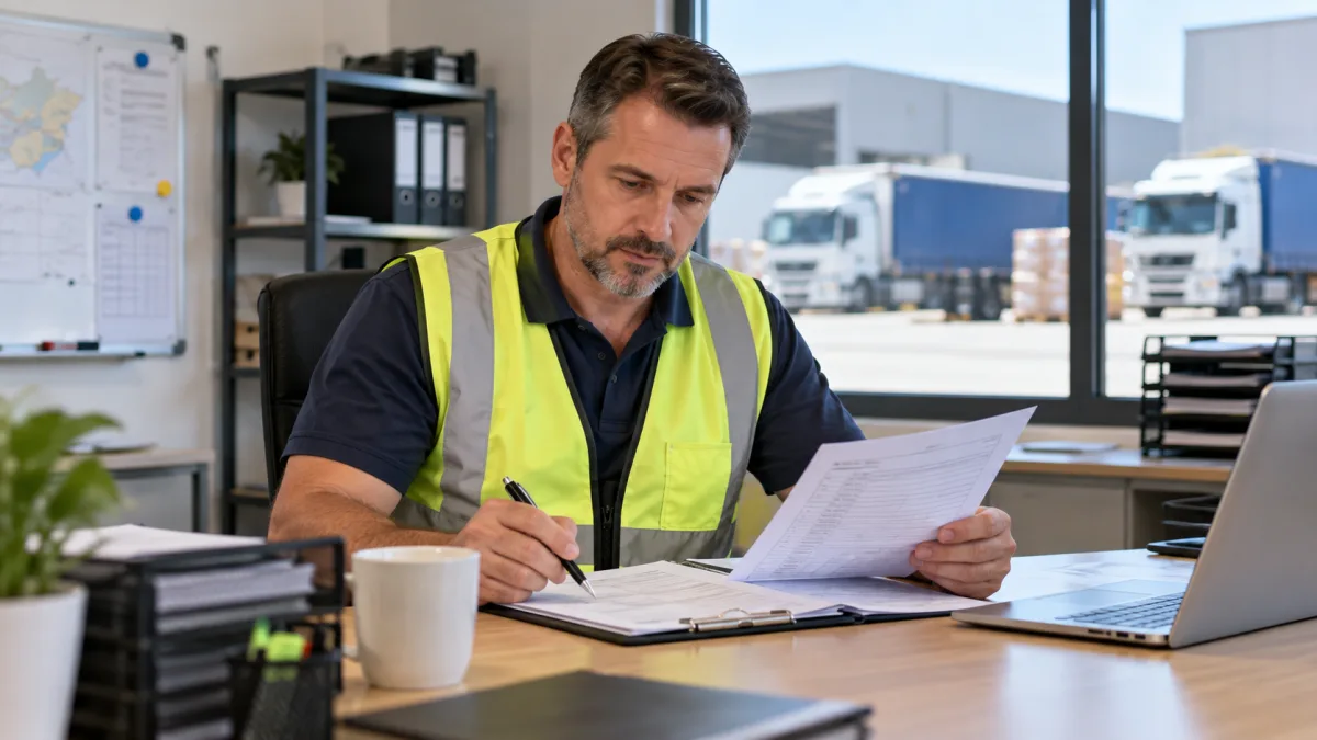 Logistics manager reviewing a compliance checklist at a depot office