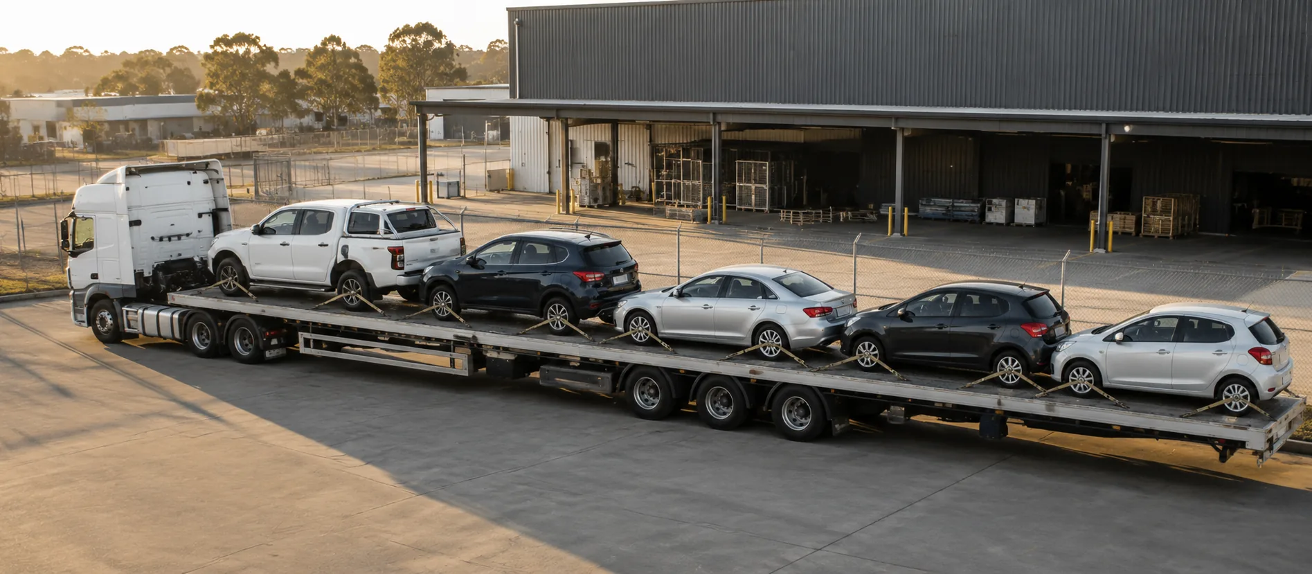 Multiple vehicles secured on a transport deck for a dealer stock movement