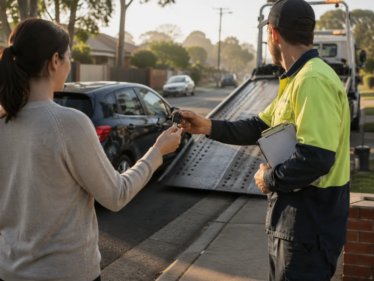 Driver handing over a delivered vehicle to its owner