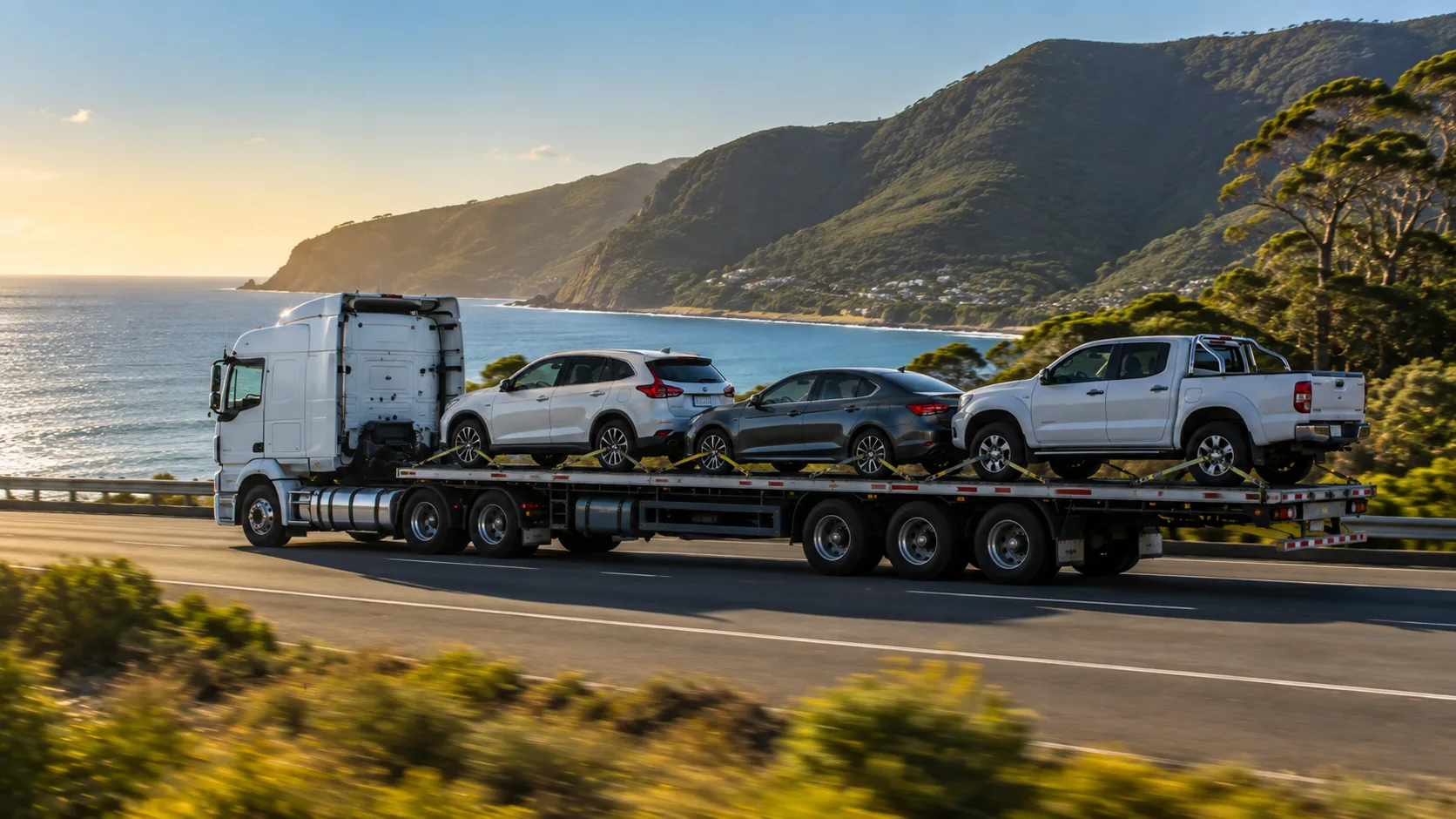 Cars and a ute secured on an open transport deck on an Australian highway