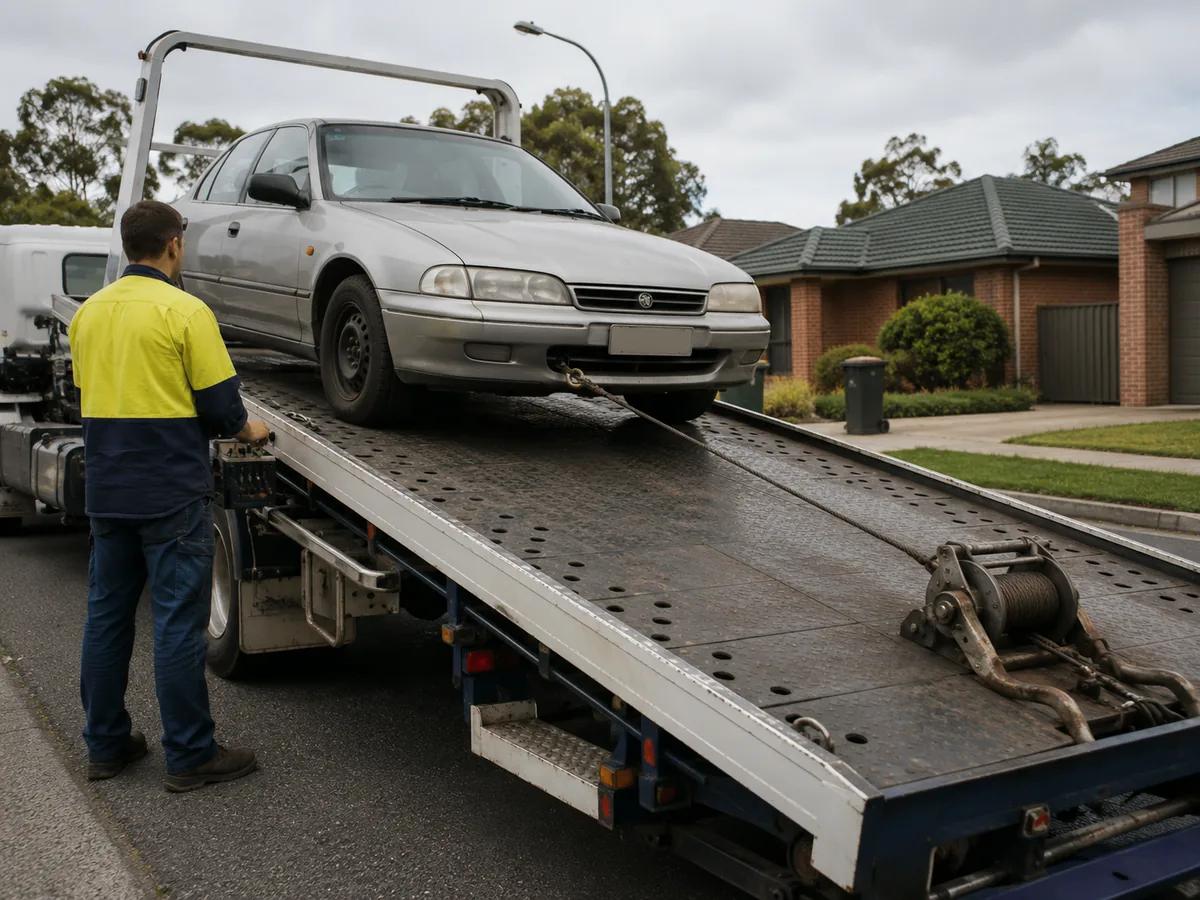 Non-running vehicle being winched onto a car transport deck