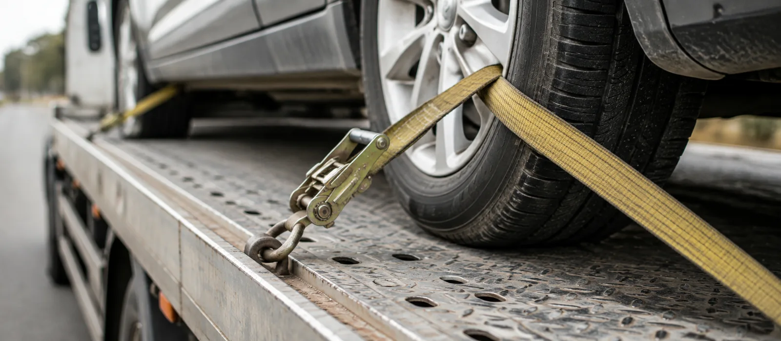 Close-up of wheel tie-down straps securing a car on an open transport deck