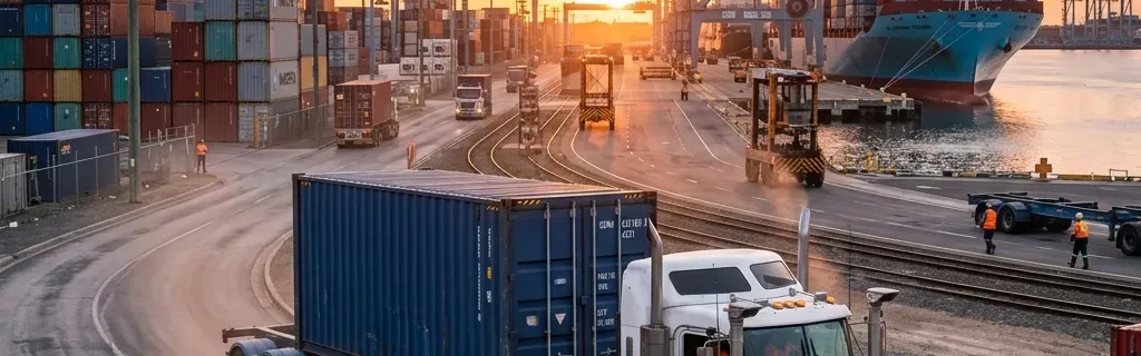 Shipping containers being handled at an Australian port terminal