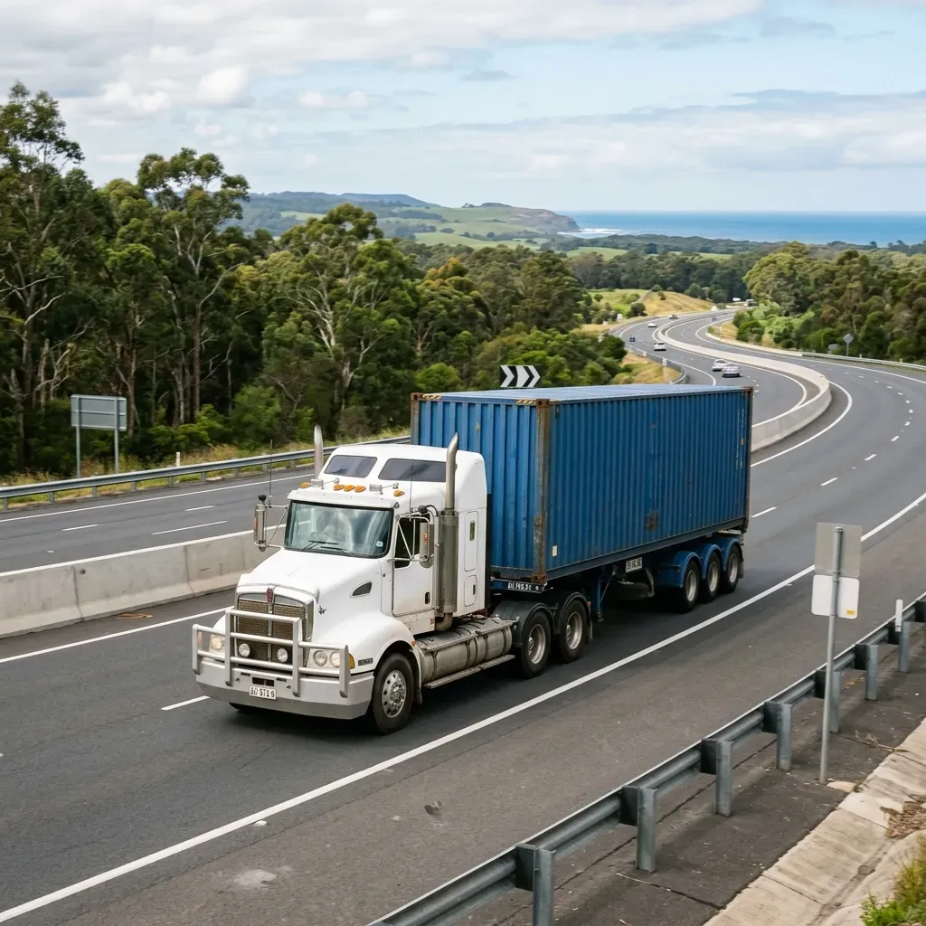 Ozcoast Logistics container truck transporting a shipping container on an Australian highway