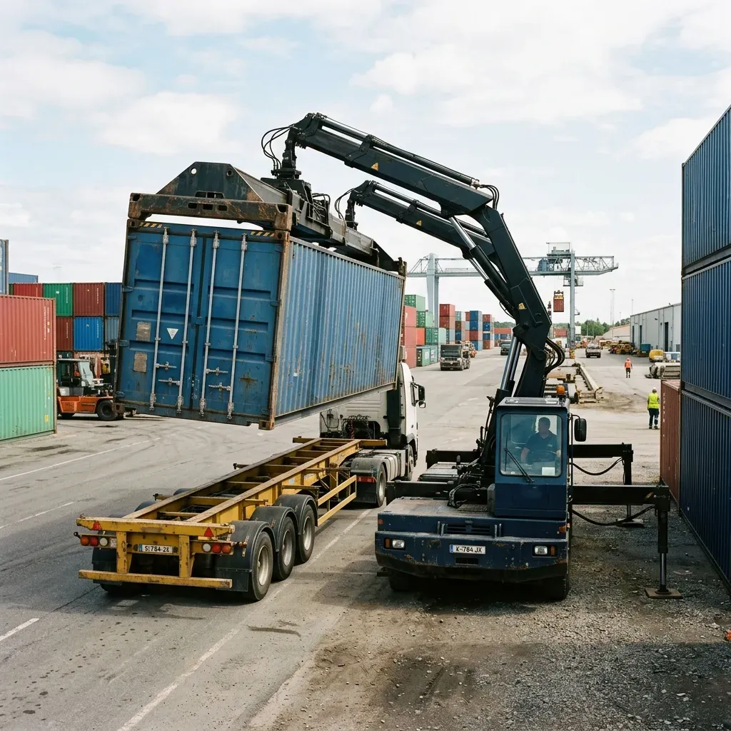 Side-loader truck placing a container on the ground unassisted