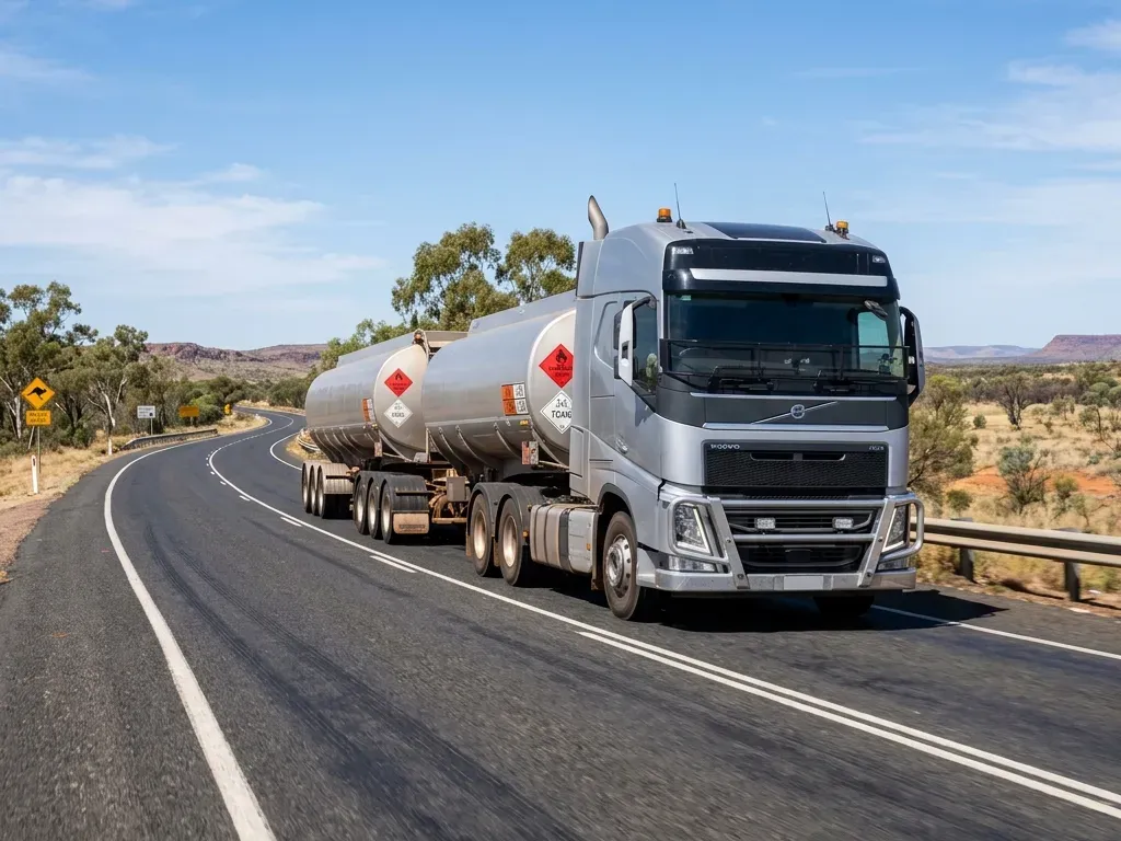 Ozcoast Logistics placarded dangerous goods vehicle on an Australian road