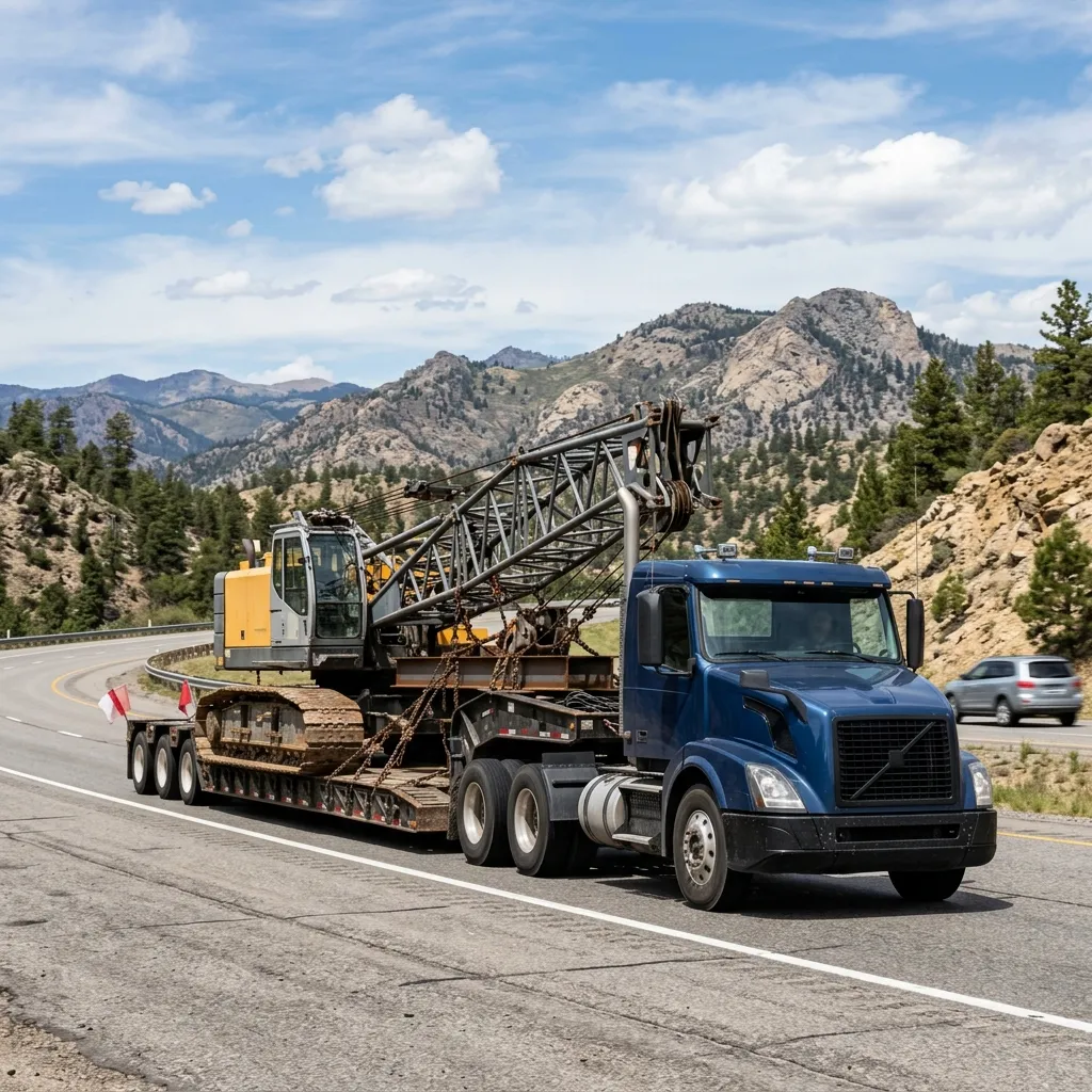 Drop deck trailer carrying overheight machinery