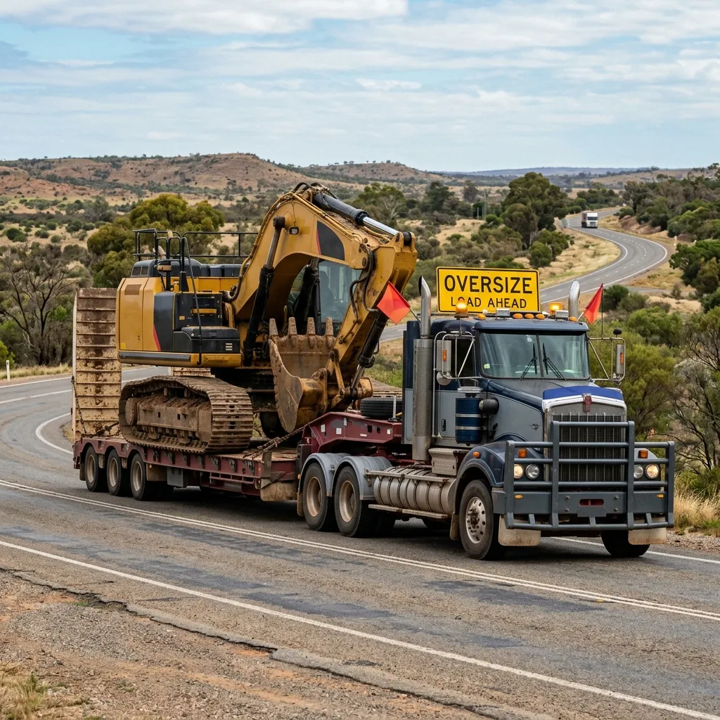 Low loader float carrying earthmoving equipment