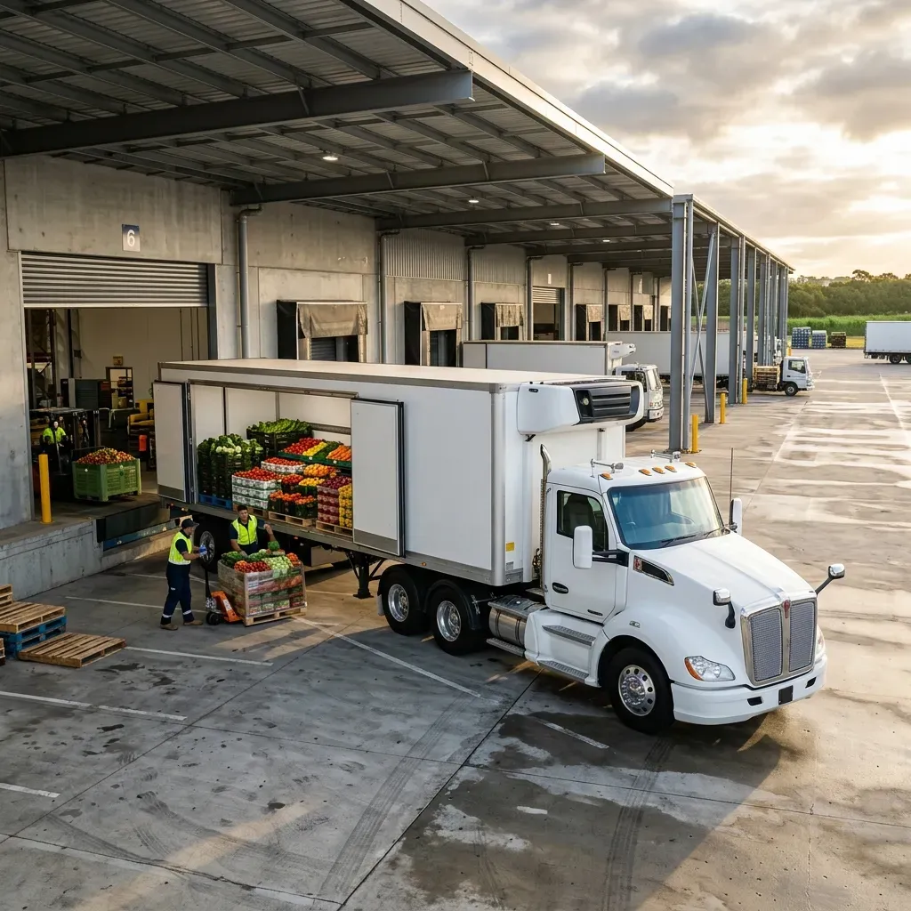 Refrigerated truck transporting temperature-controlled perishable freight