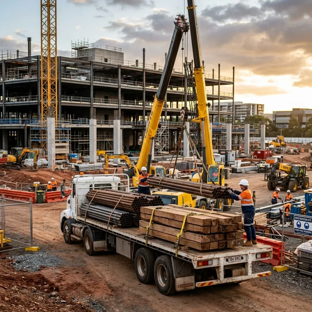 Heavy haulage truck delivering construction materials to a building site