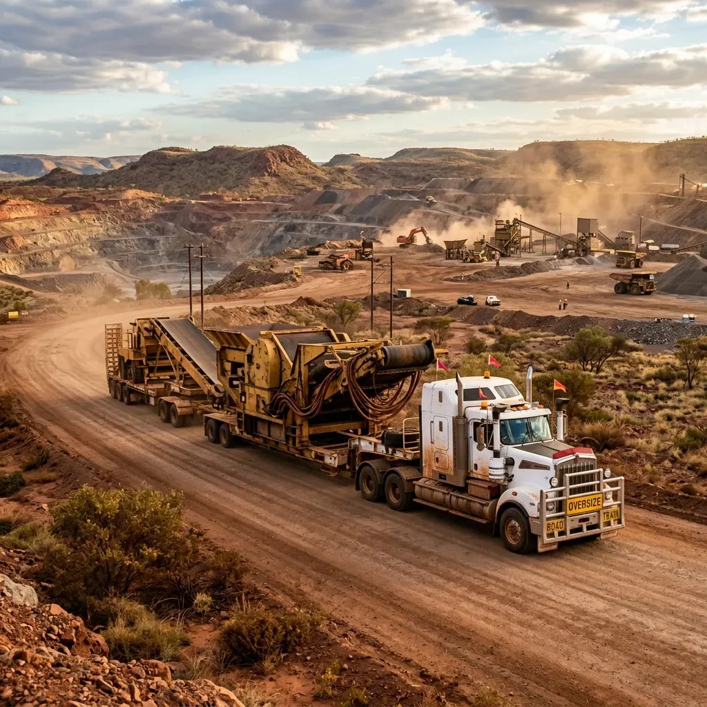 Freight truck transporting mining equipment to a remote resources site