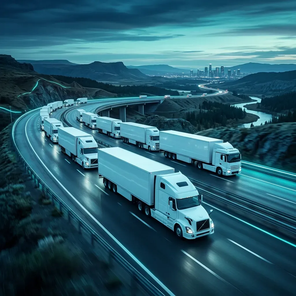 Convoy of Ozcoast Logistics trucks on an Australian highway at dusk