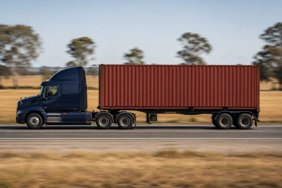Shipping container travelling by road on an inland highway far from any port