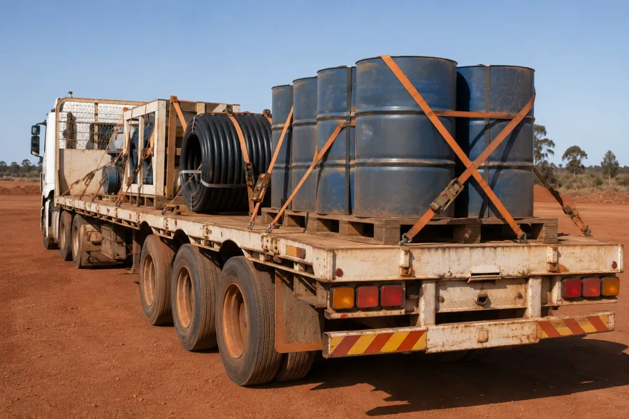 Loaded flat-top seen from behind, drums and poly pipe bound for inland Queensland