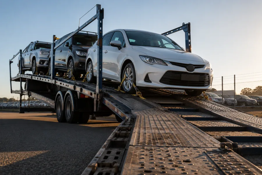 Looking up the loading ramp of a car carrier at vehicles on the upper deck