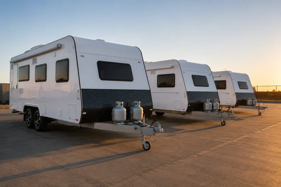 Three touring caravans waiting on an Adelaide hardstand at sunrise