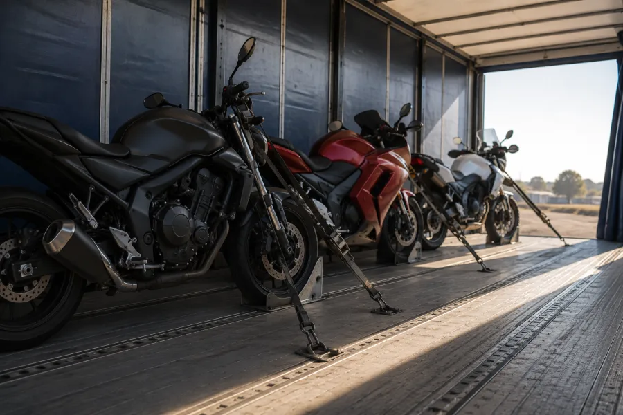 Three motorcycles chocked and strapped in profile inside a trailer