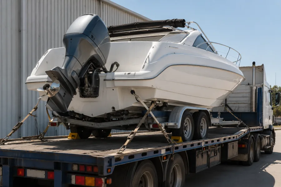Outboard and transom of a runabout decked for the road trip to Queensland