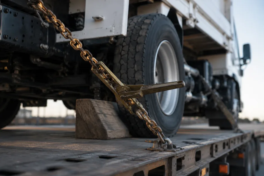 Chain and binder holding a tipper truck to a low-loader deck