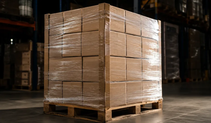 Wrapped pallet of cased wine stacked and ready in an Adelaide warehouse
