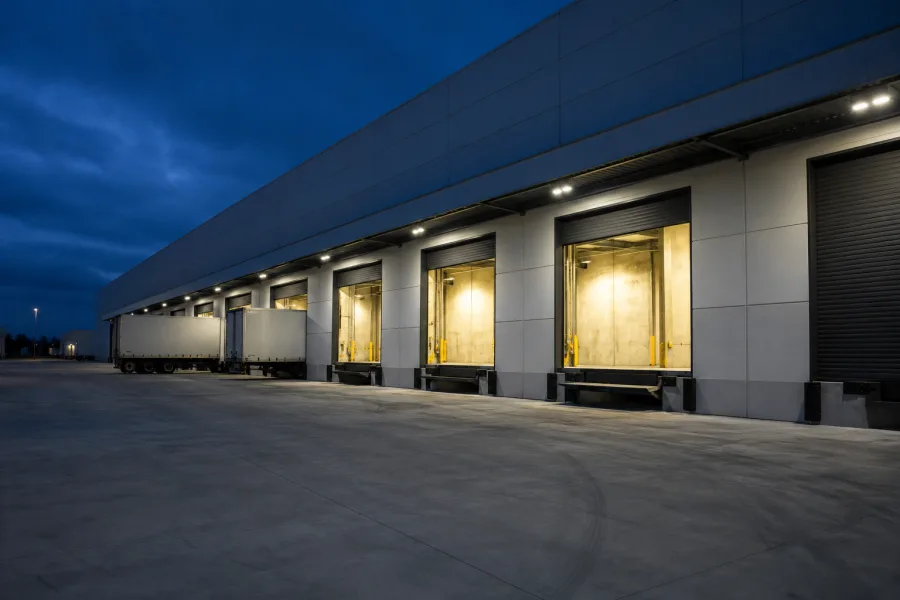 Distribution centre dock face at first light before the shift begins