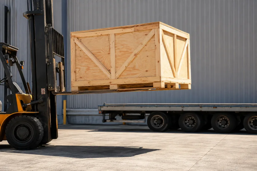 Crated machine suspended on forklift tynes above the trailer deck