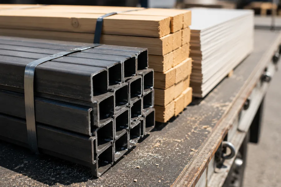 Cut ends of banded steel and timber framing loaded for a Brisbane site