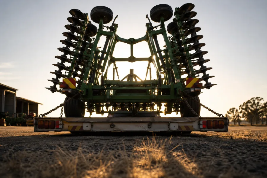 Farm implement backlit at dawn on a trailer at a Darling Downs yard