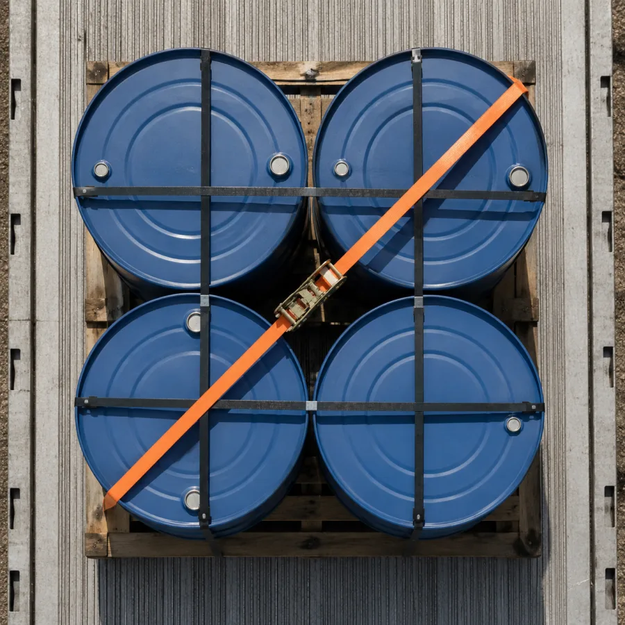 Steel drums banded to a pallet, seen from directly above on a trailer deck