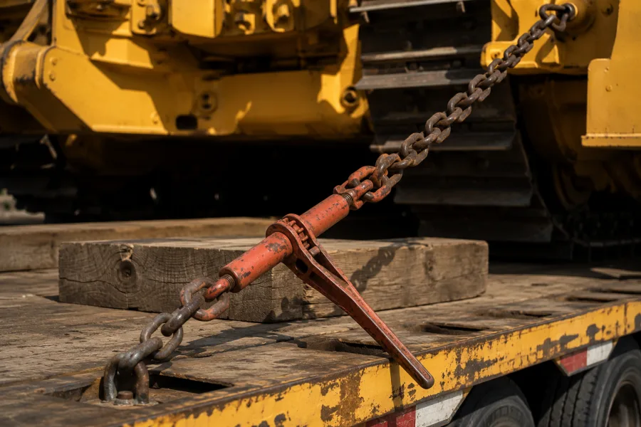 Load binder and chain securing an earthmoving machine to a low-loader deck