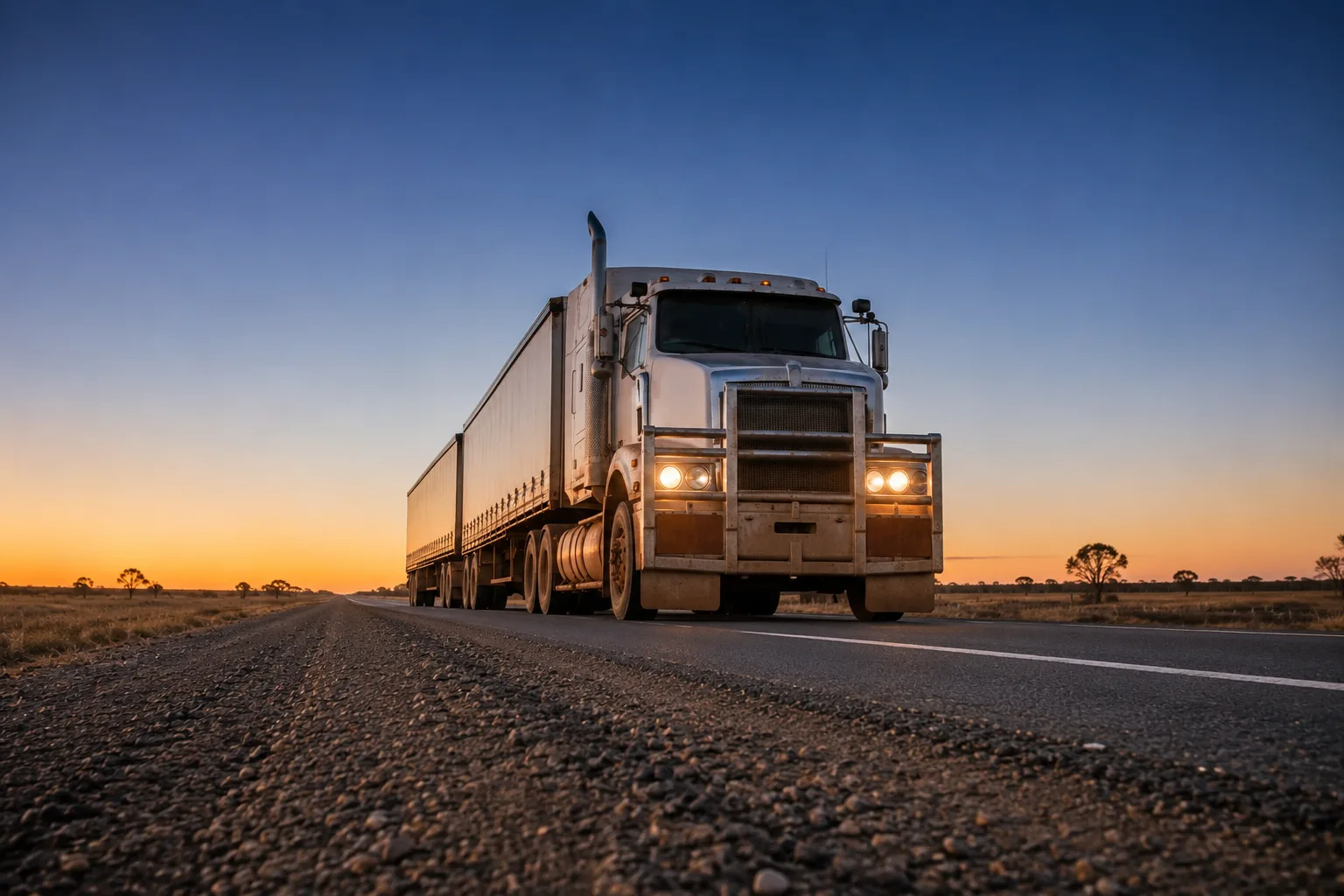 Dawn on the Newell Highway as a B-double heads north through cropping country