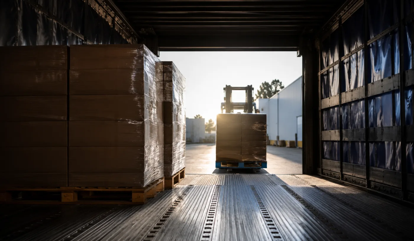 View from inside a trailer as the next pallet of cased wine arrives