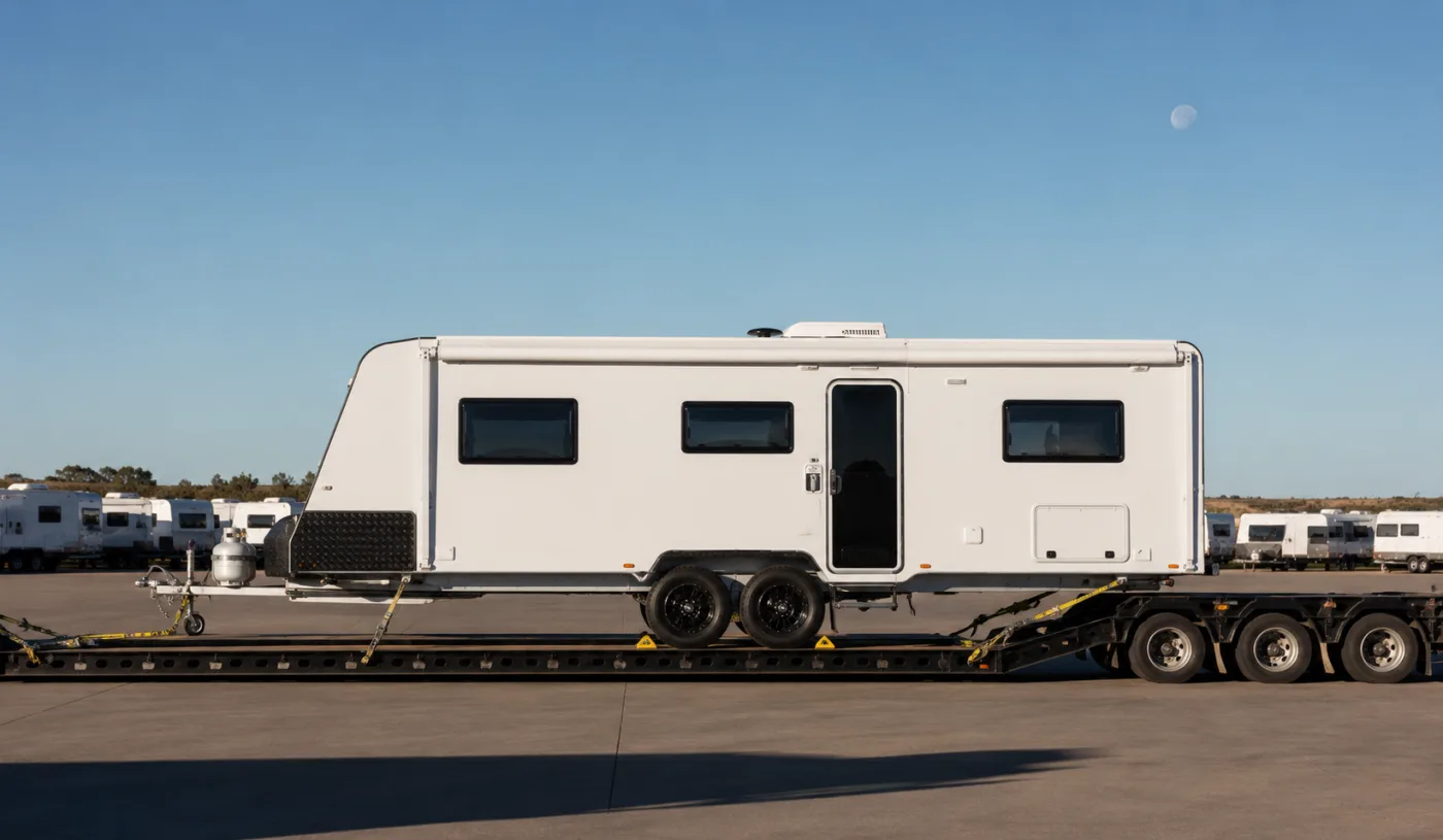 Side profile of a touring caravan on a drop-deck at sunrise