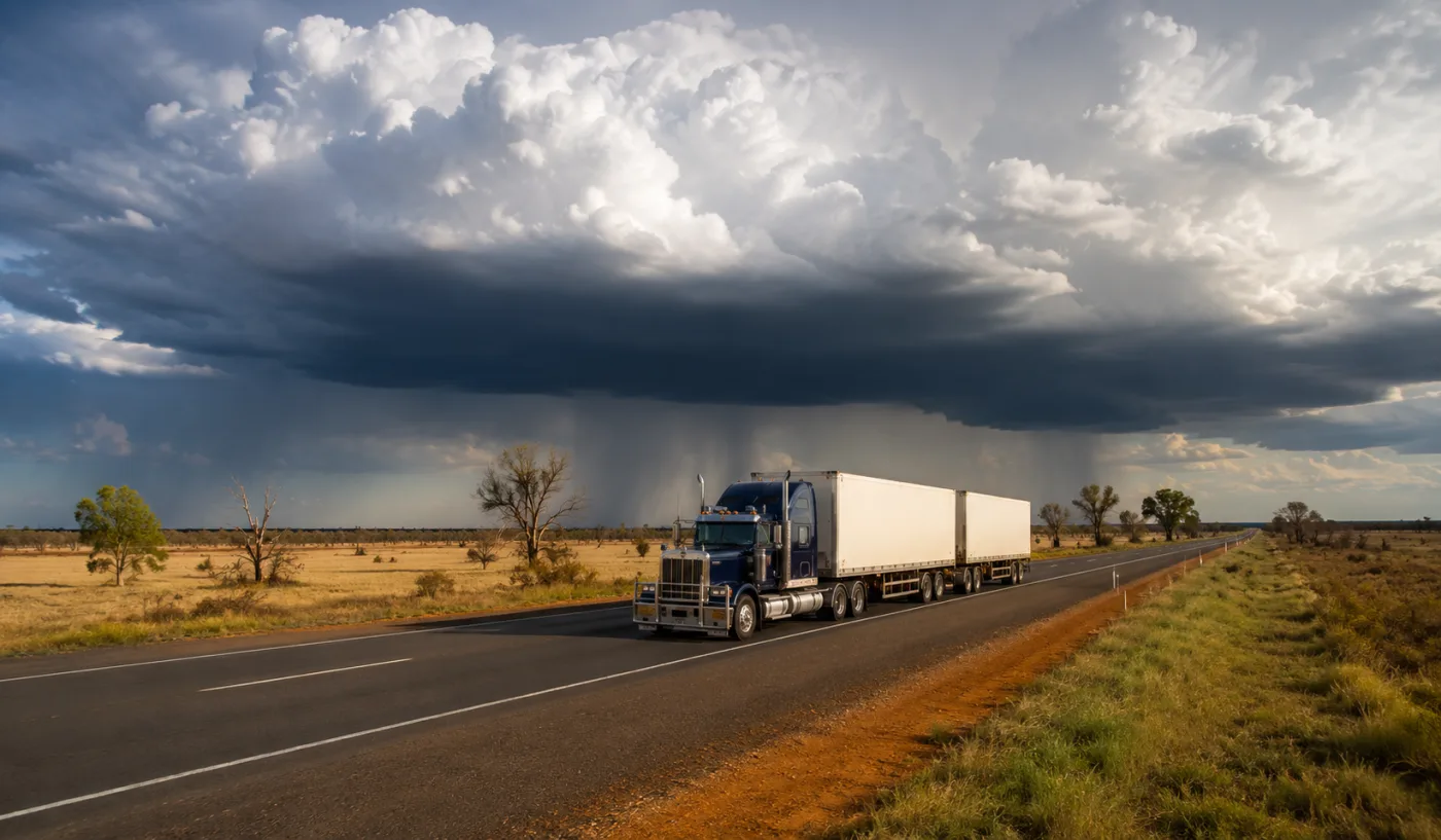 Storm cell building over the Darling Downs as a semi-trailer runs beneath it