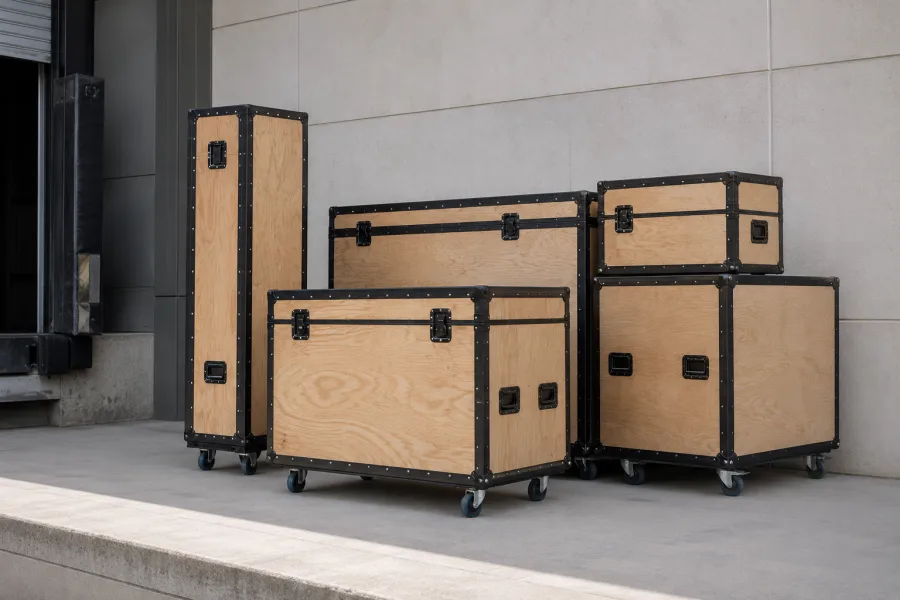 Plywood transit cases staged on a dock for exhibition freight