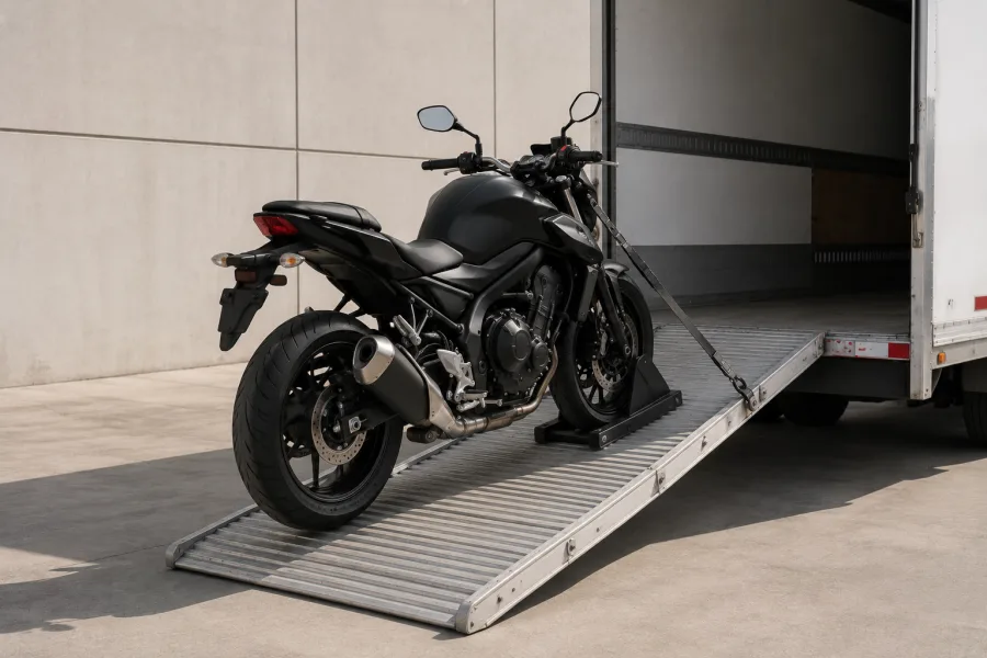 Motorcycle wheeled down a ramp at delivery in Canberra