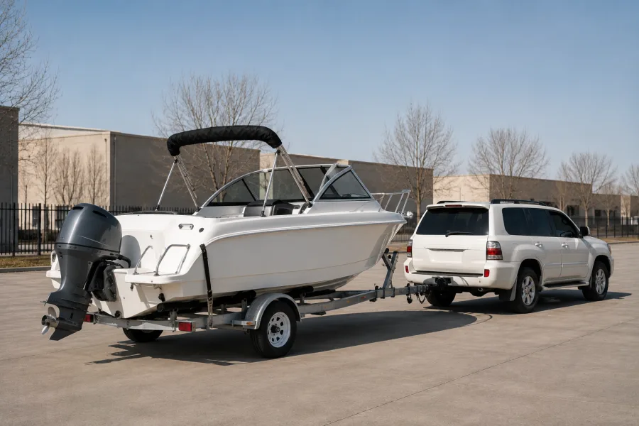 Runabout on its trailer hitched and ready to tow on from Canberra