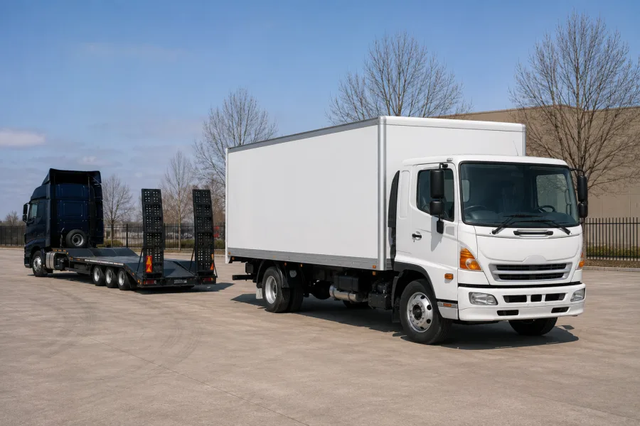Rigid truck unloaded and standing beside the empty low-loader at a Canberra yard