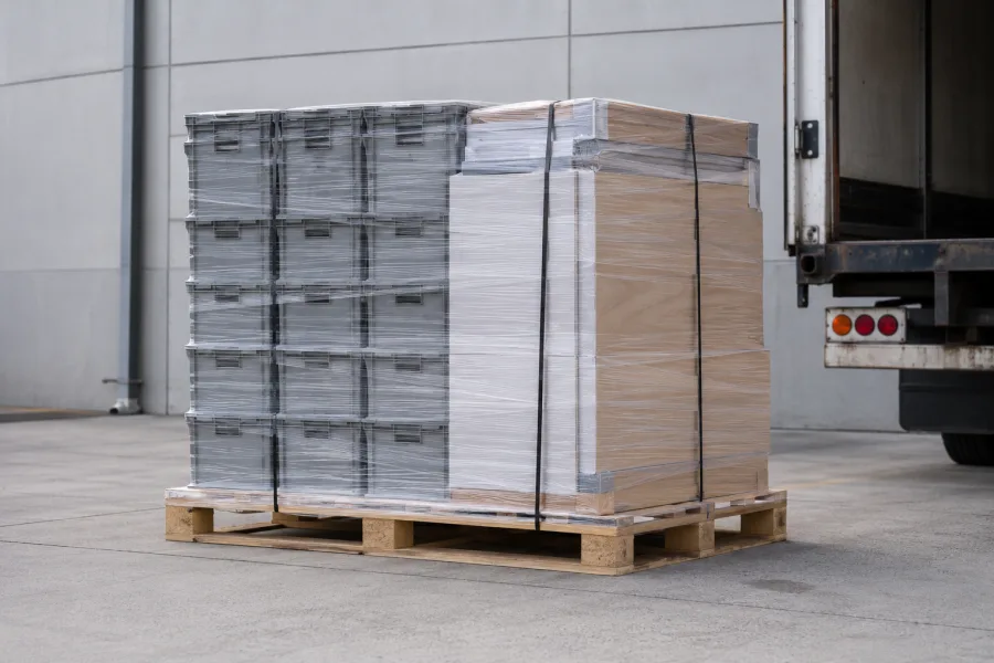 Wrapped office crates and fit-out panels staged for a government delivery